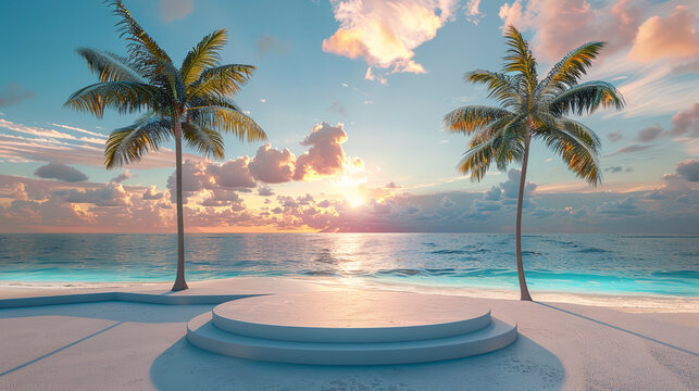 3D podium on a tropical beach with palm trees and a blue ocean background. A sunset sky with clouds. A panoramic banner for a summer vacation concept. Banner mock up design template 