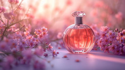 Bottle of perfume and a purple flowers with sunlight