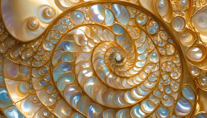 maritim abstrakte Vorlage Hintergrund, geschwungen dynamisch natürlich in Perlmutt glänzend, Spirale wie fossile Ammonite Nautilus Muschel Schnecke, bewegt kurvig wellig schneckenförmig Meer - obrazy, fototapety, plakaty