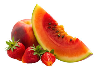 Piece of cut watermelon with strawberries and fruits on a transparent background.