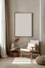 Empty poster mockup in a serene minimalist room with beige wall and sunlight