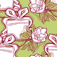 Gift box, ribbon and flowers seamless pattern for wrapping present with bow, party celebration, sale promotion, Textile print, fabric design, banner background. Hand drawn illustration cartoon style.