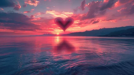 Fotobehang A heart-shaped sunset over a tranquil seascape, reflecting the peacefulness and serenity of love © Ammar