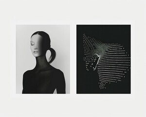 Portrait of a Woman with Abstract Dot Patterns on Her Face in Two Black and White Photographs