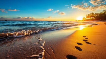 Tranquil sunset scenery with beach, waves, and footprints on sandy shore during twilight