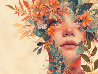 Vibrant Floral Collage Portrait Botanical Composition with Joyful Expressions and Dreamy Atmosphere