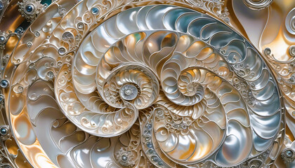 maritim abstrakte Vorlage Hintergrund, geschwungen dynamisch natürlich in Perlmutt glänzend, Spirale wie fossile Ammonite Nautilus Muschel Schnecke, bewegt kurvig wellig schneckenförmig Meer - obrazy, fototapety, plakaty