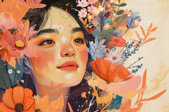 Floral Collage Portrait with Botanical Composition Vibrant Tones, Joyful Expressions, and Soft Lighting