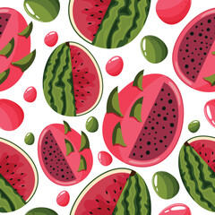 Easter seamless pattern with decorated eggs with watermelon, dragon fruit and colorful eggs for holiday poster, textile or packaging	