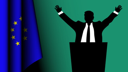 The silhouette of a politician raises his arms in a sign of victory, with the European flag on the left