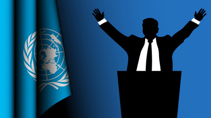 The silhouette of a politician raises his arms in a gesture of victory, with the United Nations flag on the left