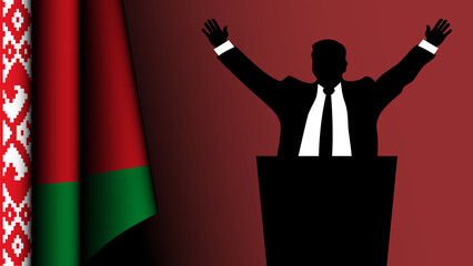 The silhouette of a politician raises his arms in a sign of victory, with the flag of Belarus on the left
