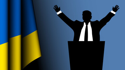 The silhouette of a politician raises his arms in a sign of victory, with the flag of Ukraine on the left