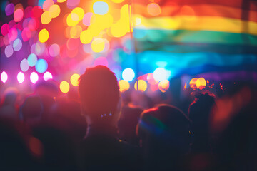 Unfocused image of silhouette of pride parade people and rainbow flag. LGBTQ pride. - obrazy, fototapety, plakaty