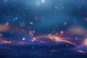 Abstract glitter background with stars, sparkles and golden bokeh lights on navy blue, glowing dust effect. Christmas, New Year, wedding design. Poster, banner, card. Shiny starry sky blurred backdrop
