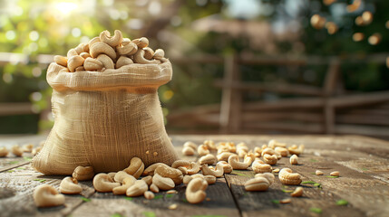 cashew in jute sack bag on the wooden table, background is blur cashew farm, roasted cashew are poured 