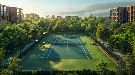 Drone view of a tennis court surrounded by vegetation - obrazy, fototapety, plakaty