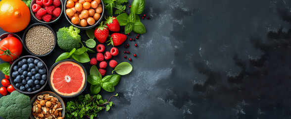 Healthy food banner with dark background and a copy space. Top view of a modern black surface kitchen table with colorful fresh fruits and vetegables