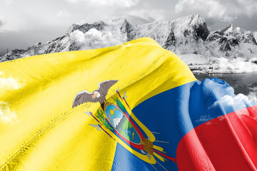 Ecuador national flag cloth fabric waving on beautiful ice Mountain Background.