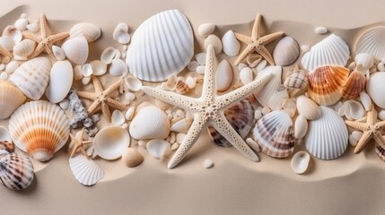 Fototapeta na wymiar Tropical summer travel banner with seashells, coral, starfish on white sand, vacation concept