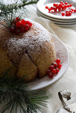 Dolce natalizio italiano. Delizioso pandoro Zuccotto con crema Raffaello. Torta natalizia decorata con ribes rosso. Natale e festività.