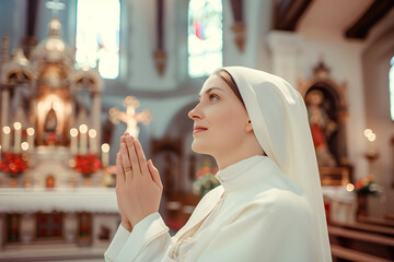 Portrait of a beautiful caucasian nun in white habit praying in the church - obrazy, fototapety, plakaty