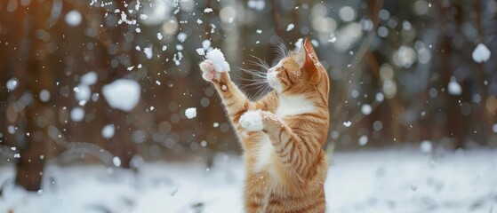 funny red-and-white cat plays with snow in the forest. Bounces and catches snow