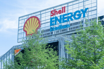 Fototapeta premium Houston, Texas, USA - April 5, 2024: Shell Energy Stadium in Houston, Texas, USA. Shell Energy Stadium is an American multi-purpose stadium in Houston.