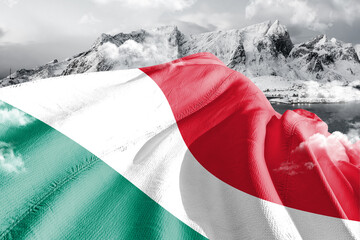 Italy national flag cloth fabric waving on beautiful ice Mountain Background.