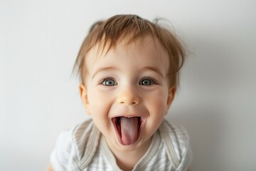Cute and playful portrait of happy 1 years old child playing on white studio background, top view. Baby Development. Child's emotions. Cheerful one year kid having fun with its tongue out. Baby store