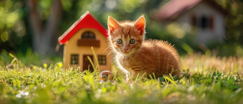 gingerly red kitten in the green grass next to the toy house with red roof