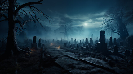 Gloomy Twilight Graveyard with Moonlight and Shadows - obrazy, fototapety, plakaty