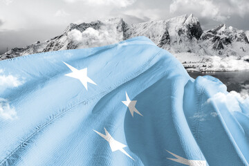 Micronesia, Federated States of Micronesia national flag cloth fabric waving on beautiful ice Mountain Background.
