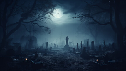 Fototapeta na wymiar Mysterious Graveyard Scene with Creepy Trees and Soft Moon Glow