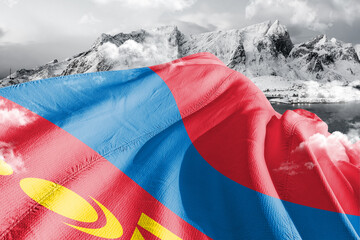 Mongolia national flag cloth fabric waving on beautiful ice Mountain Background.