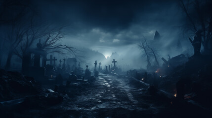 Dark and Moody Graveyard at Twilight with Ominous Clouds and Shadows