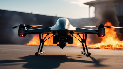 Close up of Unmanned military drone struck and caused a fire. Concept using quadcopters in smart...