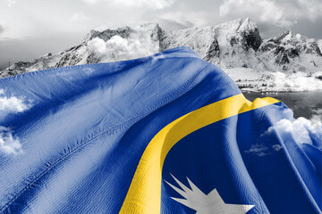 Nauru national flag cloth fabric waving on beautiful ice Mountain Background.