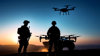 Close up of soldier preparing drones for flying. A drone operator controls for reconnaissance operation. Concept using quadcopters in smart digital war