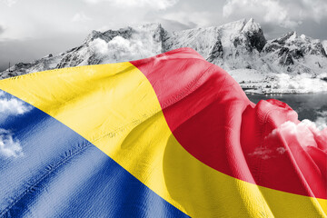 Romania national flag cloth fabric waving on beautiful ice Mountain Background.