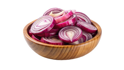Red onion slices in a wooden bowl isolated on transparent background