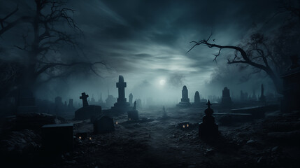 Gloomy Cemetery Landscape under a Blue Moon