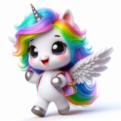 unicorn with white wings and rainbow mane carrying a backpack on the way to school