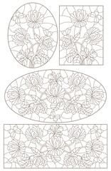 Set of contour illustrations in stained glass style with floral arrangements, dark contours on a white background - obrazy, fototapety, plakaty