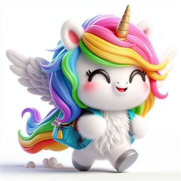 unicorn with white wings and rainbow mane carrying a backpack on the way to school