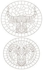 et of contour illustrations of stained glass Windows with ram and bull heads, dark outlines on a white background