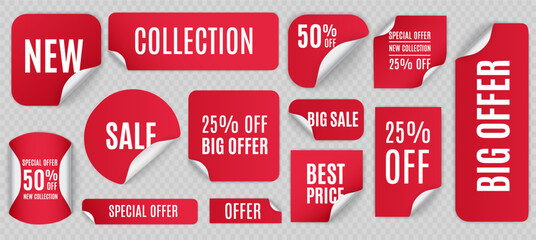 Round, square, rectangular, twisted red sale banners, labels, tags. Set of red paper stickers for sale on a white background. Vector illustration