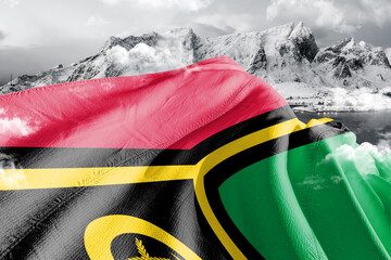 Vanuatu national flag cloth fabric waving on beautiful ice Mountain Background.