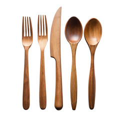 Set of cutlery of wood isolated on transparent background