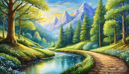 Oil painting of spring green forest with road and small river. Beautiful nature. Hand drawn art.